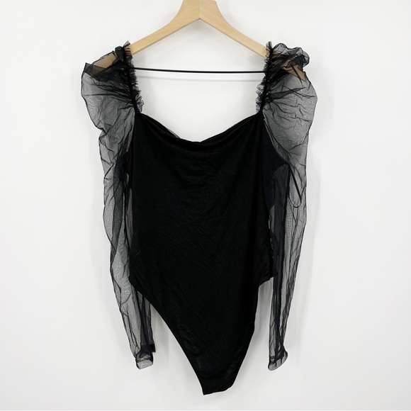SHEIN Tops - Shein Black Sheer Long Sleeve Ruched Shoulder Bodysuit Size XL